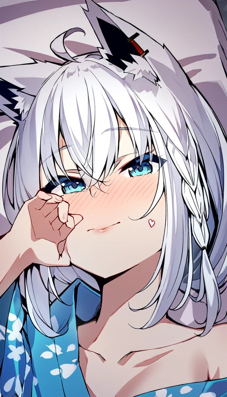 one girl, Shirakami Fubuki, fox ears, white hair, yukata, lying on futon, from above, shy, look at me, love me, upperbody focus, off shoulder, heart mark, kissing face, look at me