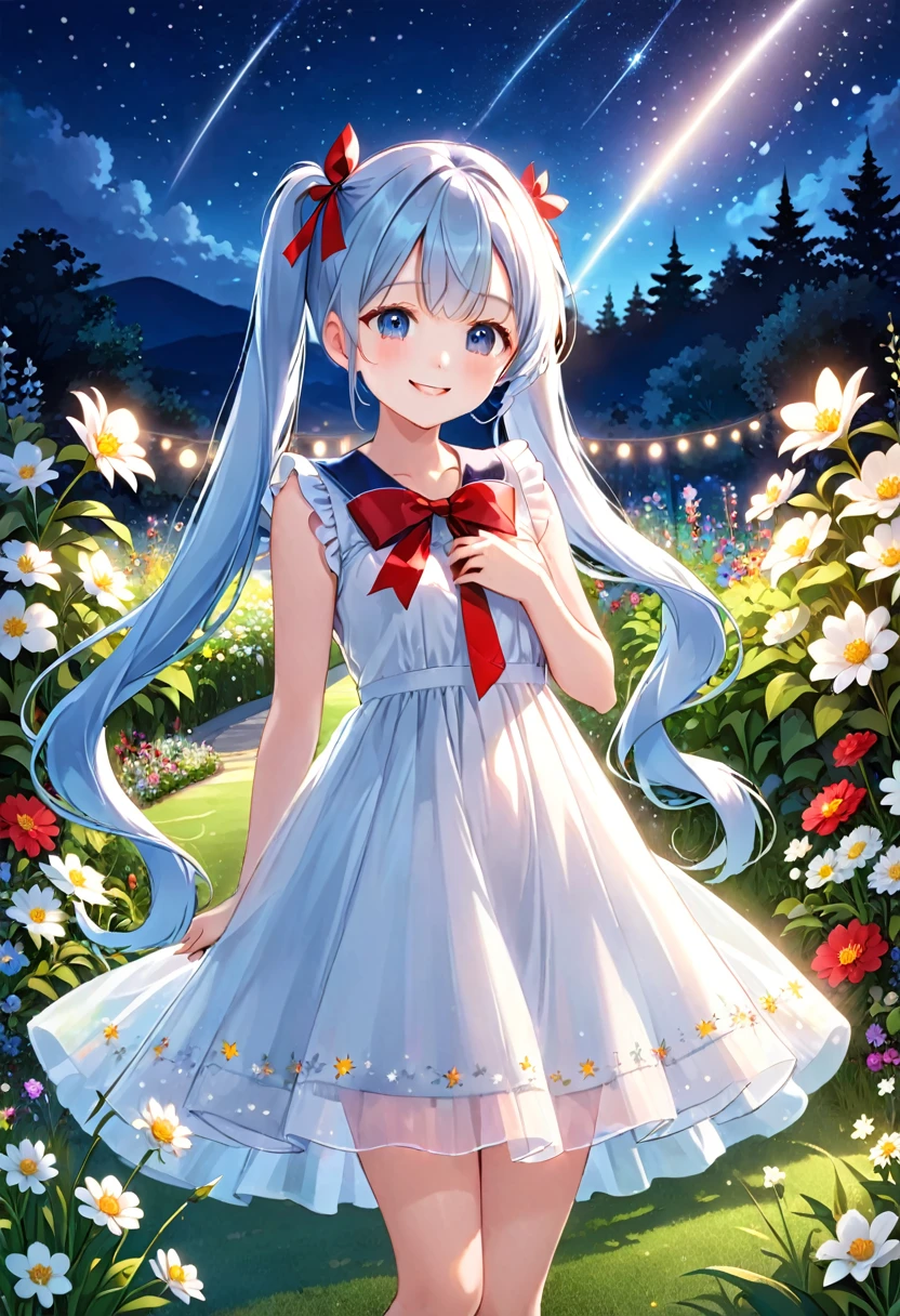 Light blue long hair、Beautiful girl with twin tails、The dress has a cute big red ribbon、White Dress、Bright smile、Night Sky、Moonlit Night、shooting star、Face Highlights、A lawn garden with lots of flowers blooming