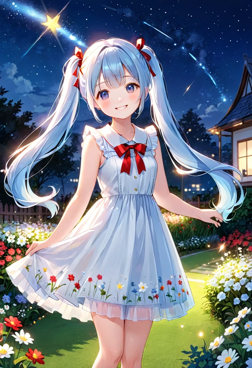 Light blue long hair、Beautiful girl with twin tails、The dress has a cute big red ribbon、White Dress、Bright smile、Night Sky、Moonlit Night、shooting star、Face Highlights、A lawn garden with lots of flowers blooming