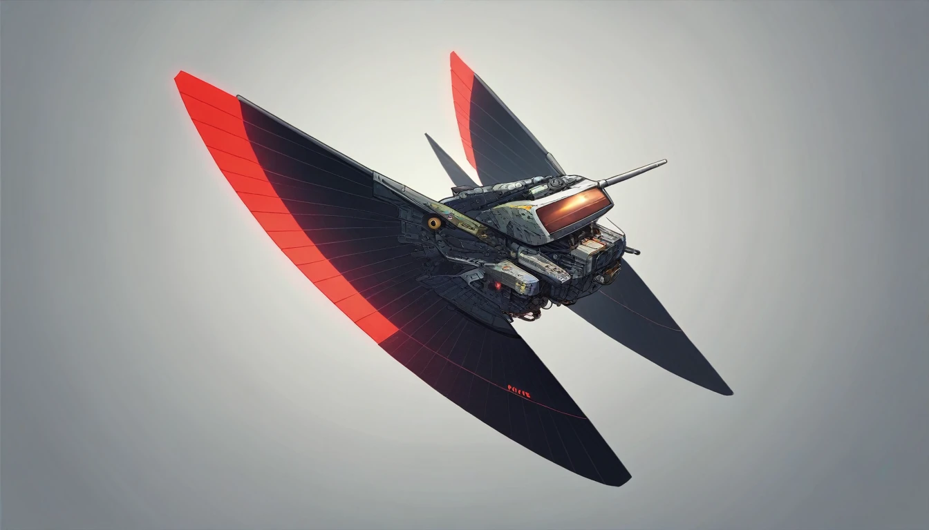 A futuristic, autonomous transport drone resembling an osprey hovers against a black void background. The drone features a robust, aerodynamic design with a rectangular central fuselage in shades of white, red, and gold. Two large tilt-rotor wings extend from the sides, allowing for seamless vertical takeoff and horizontal flight. The drone's bright LED lights and streamlined grooves enhance its modern aesthetic, making it an integral part of the urban logistics network.