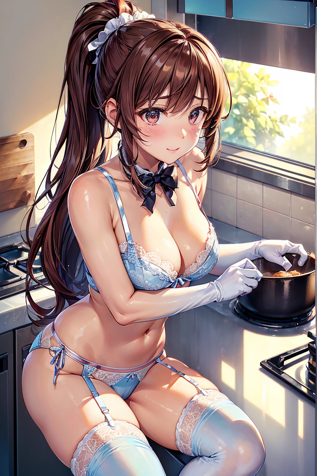 (((masterpiece, Highest quality, High resolution, 超High resolution, Perfect Pixel, Depth of written boundary, 4K, RTTX 10.0))), Beautiful Anime Woman, Beautiful art style, Anime characters, ((Smooth texture, Realistic texture, Anime CG Style)), Exact finger count、Exact number of legs、(Exact number of arms:1.0, Exact number of hands:1.0), (Perfect hands, Perfect ), Cinematic, Realistic, Extremely detailed CG, Daytime lighting, Perfect lighting, Best Shadow, The best natural light, whole body, Perfect body, バランのとれたPerfect body, Perfectly balanced style, Slender body, ((Long Hair, bangs, Reddish brown hair, ponytail)), ((A cute adult woman is cooking:1.8)), (:1.5), ((Bow tie around neck:1.3), ( and cute light blue :1.3), (Stylish shiny light blue satin panties, Side-tie panties, The panties are plain light blue in the center with lace decoration on the sides.:1.3), (Thin panties:1.3), (Light blue micro lace satin bra, Light blue bra with lace trim, Thin bra:1.3), (garter belt, Garter Strings, Knee socks:1.3):1.3), (Beautiful big , Cleavage:1.1), (Embarrassed expression:1.7), blush, (Stylish kitchen, In the middle of cooking, Dishes lined up in the kitchen:1.5), , In , (A maid-like frilly headband:1.1), Angle from the front