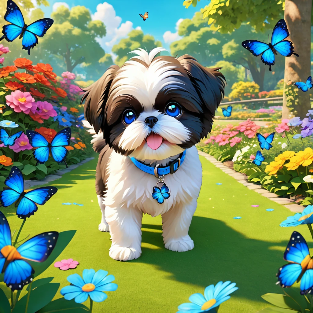 2 adorable small shih black shih tzu puppies wearing blue collars with bright blue eyes playing in park butterflies and flowes in background  3D Pixar style