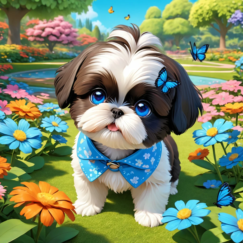 2 adorable small shih black shih tzu puppies wearing blue collars with bright blue eyes playing in park butterflies and flowes in background  3D Pixar style