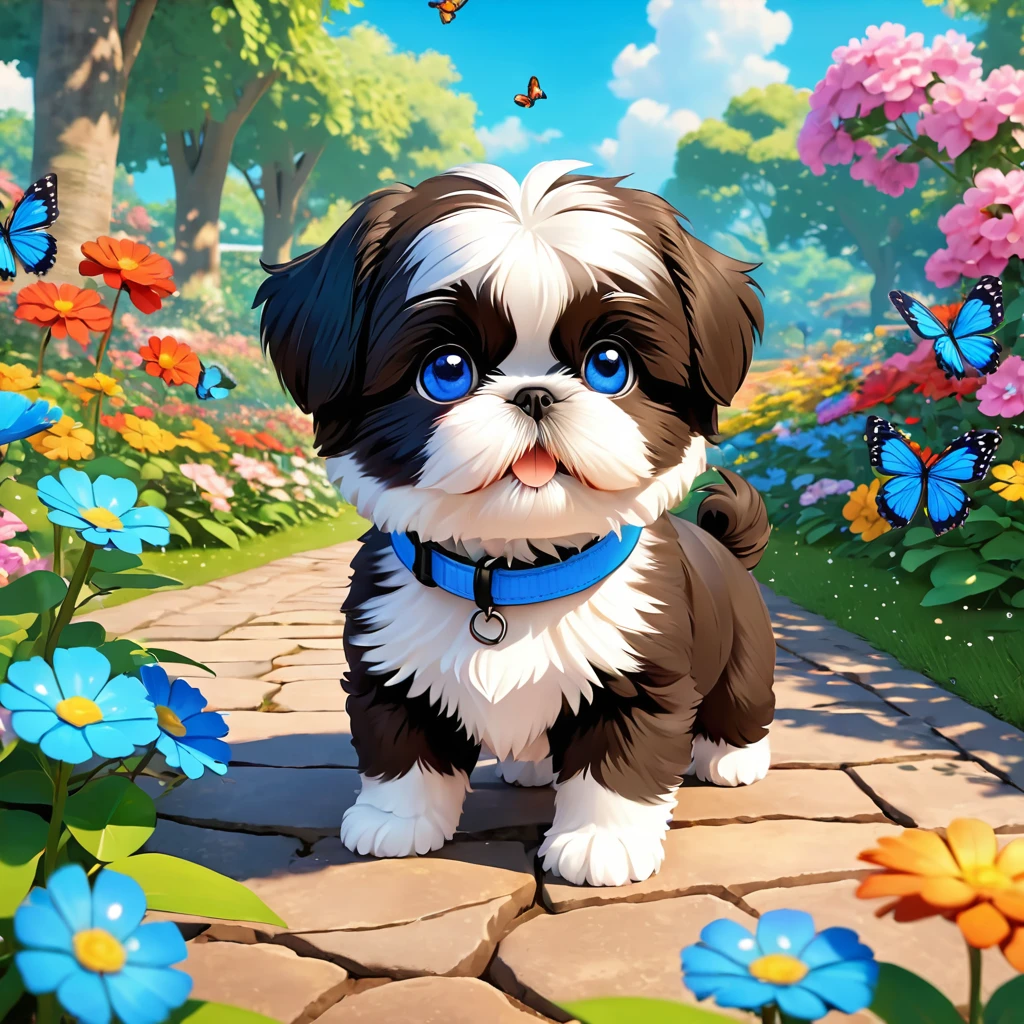 2 adorable small shih black shih tzu puppies wearing blue collars with bright blue eyes playing in park butterflies and flowes in background  3D Pixar style