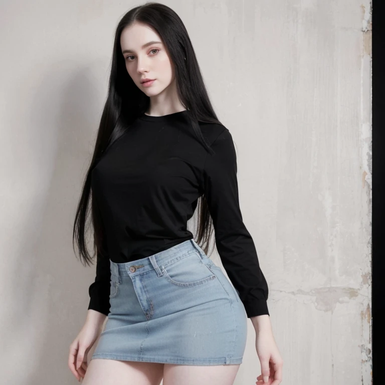 Pale white girl, pale skin, long straight black hair, very long straight hair, dressed in a colorful shirt and jeans skirt, very beautiful woman, thick legs, wide hips, tall stature, thin paint, small breasts, natural background,. Full resolution, hd, 4k photo.
