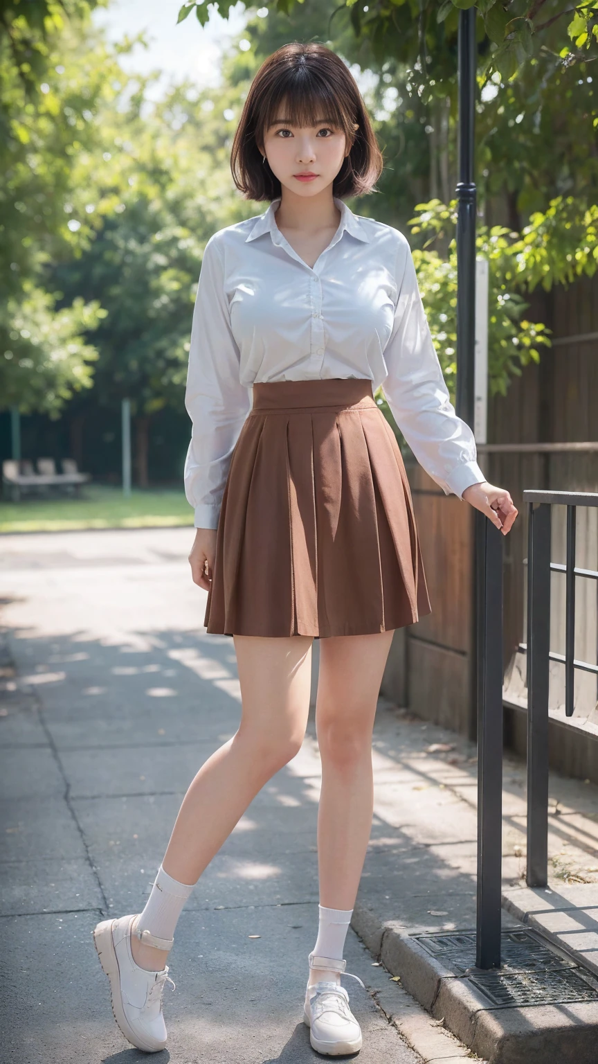 (Realistic、Like a photograph、Live Action、8k, Realistic, RAW Photos, Best image quality: 1.4), Single-lens reflex camera、RAW Photos, Highest quality, Realistic, Very detailedな CG Unity 8k 壁紙, Written boundary depth, Cinematic Light, Lens flare, Ray Tracing, Realistic background、Many people々々々:1.4、((high school girl:1.shape:1.3、Unishape skirt:1.3)、Big Breasts:1.3))、((ultra high density skin))、 1 girl,かわいいhigh school girl、((Girls studying at school、(whole body:1.5)、Serious expression at school))、Pink inner color hair、Short Bob:1.2、I like that style、stylish、Very detailed、Pay attention to the details、Perfect outfit、(Sunburned skin)、Beautiful feet:1.1,front