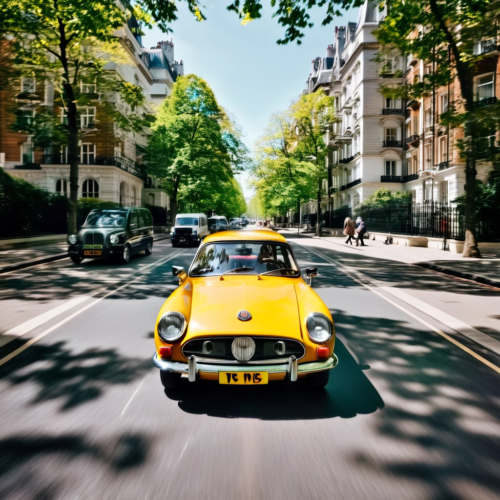There is a car driving down the street, Color photography inspired by Thomas Struth, pexels, Hyperrealism, the beatles, British street background, London, Edited, the the beatless, Cars on the road, Kodak Chrome : : 8k yen, Typical, Strawberry Fields Forever, 🚿🗝📝, Khombusła, Crossing Road