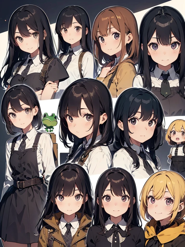 Frog-like face、Distant eyes、Big Mouth、Low Nose、steampunk、Three-dimensional view、Front, side and back view、Character Sheet、Standing woman