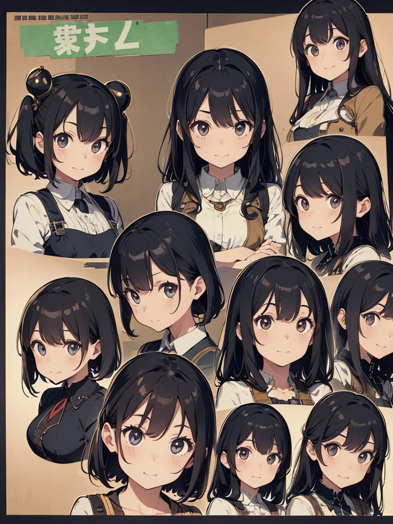 Frog-like face、Distant eyes、Big Mouth、Low Nose、steampunk、Three-dimensional view、Front, side and back view、Character Sheet、Standing woman