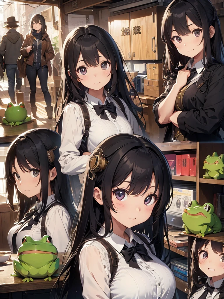 Frog-like face、Distant eyes、Big Mouth、Low Nose、steampunk、Three-dimensional view、Front, side and back view、Character Sheet、Standing woman