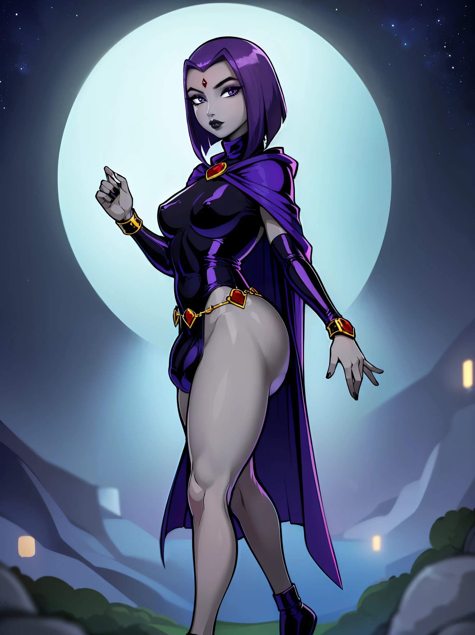 (solo:1.1),(masterpiece), (best quality:1.3), ultra detailed, intricate, (nice hands:1.4), professional art, digital art, absurdres, shadraven, (Full body view:1.1), 1girl, solo, (grey skin:1.4), dark purple hair, bob hair, purple eyes, hips wider than shoulders, pear shaped body, jewellery, detailed thighs, thick thighs, red jewel in forehead, jewels, (long sleeved turtleneck leotard:1.3), cuffs, small breasts, (shadraven cloak), (Shadraven broach:1.2), Shadraven jewel belt, Shadraven wearing a long sleeved leotard outside at night, long legs, ( long crotch bulge:1.4), large penis, large testicles, side view, looking at viewer, bubble butt , gluteal crease, universal lighting,,
