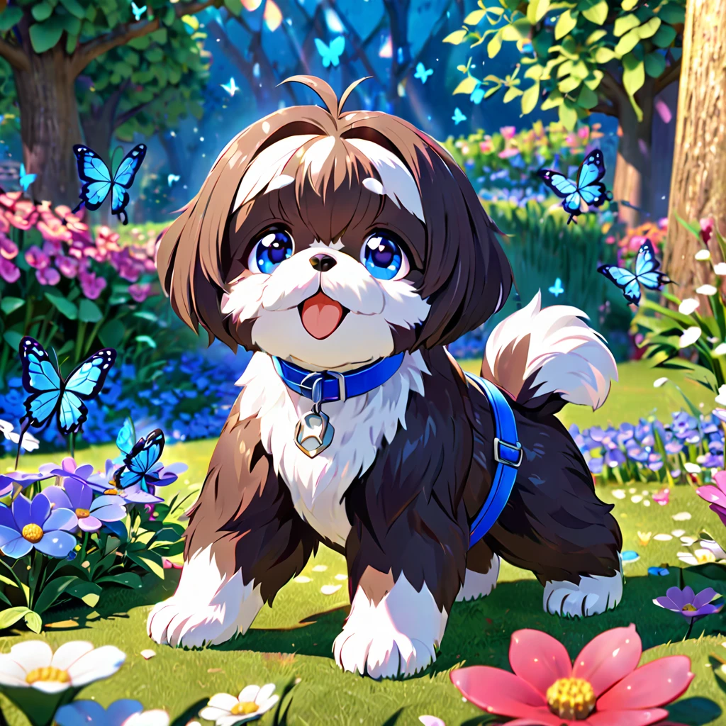 2 adorable small shih black shih tzu puppies wearing blue collars with bright blue eyes playing in park butterflies and flowes in background 3D Pixar style