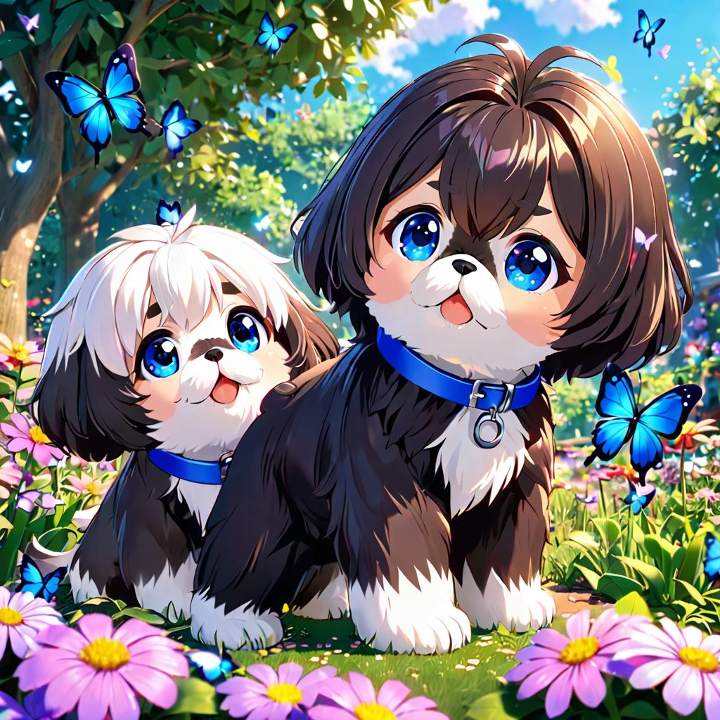 2 adorable small shih black shih tzu puppies wearing blue collars with bright blue eyes playing in park butterflies and flowes in background 3D Pixar style