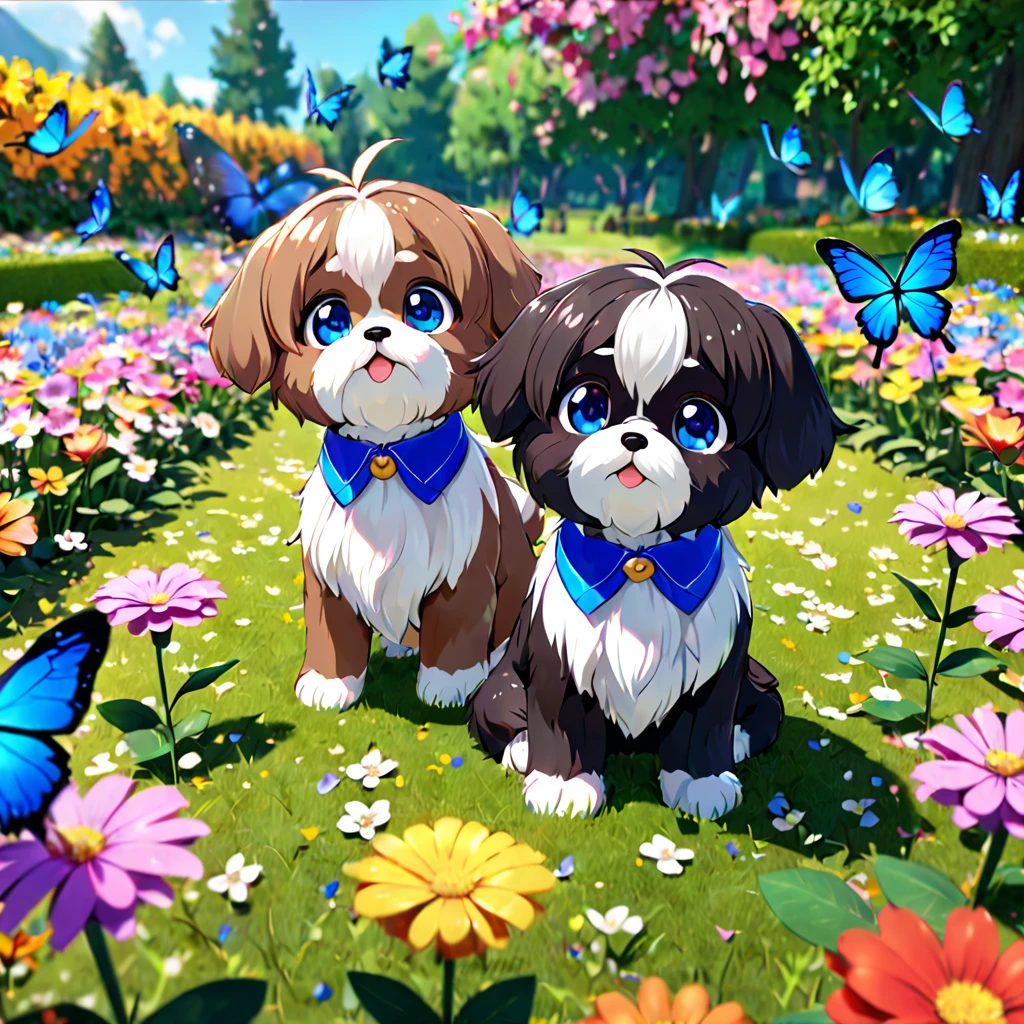 2 adorable small shih black shih tzu puppies wearing blue collars with bright blue eyes playing in park butterflies and flowes in background  3D Pixar style