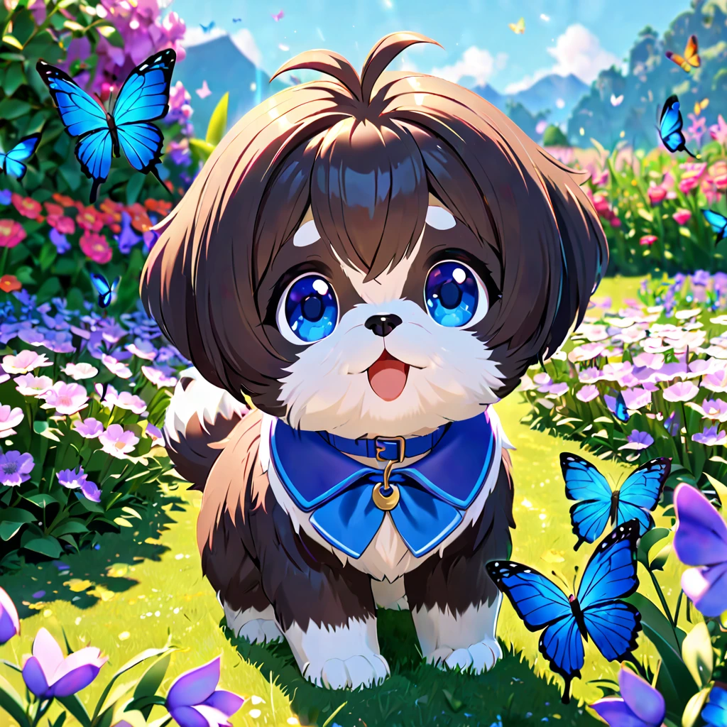 2 adorable small shih black shih tzu puppies wearing blue collars with bright blue eyes playing in park butterflies and flowes in background 3D Pixar style
