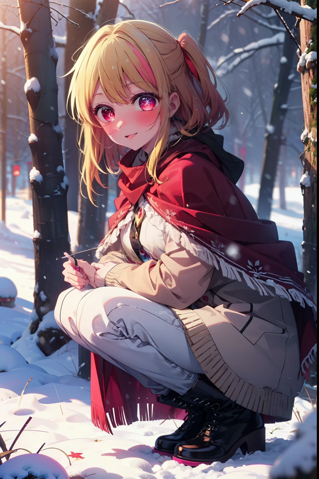 rubyhoshino, Hoshino Ruby, Long Hair, bangs, blonde, (Pink Eyes:1.3), Side Lock, (Symbol-shaped pupil:1.5), Multicolored Hair, Two-tone hair, smile,,smile,blush,white breath,
Open your mouth,snow,Ground bonfire, Outdoor, boots, snowing, From the side, wood, suitcase, Cape, Blurred, , forest, White handbag, nature, Squat, Mouth closed, Cape, winter, Written boundary depth, Black shoes, red Cape break looking at viewer, Upper Body, whole body, break Outdoor, forest, nature, break (masterpiece:1.2), Highest quality, High resolution, unity 8k wallpaper, (shape:0.8), (Beautiful and beautiful eyes:1.6), Highly detailed face, Perfect lighting, Highly detailed CG, (Perfect hands, Perfect Anatomy),