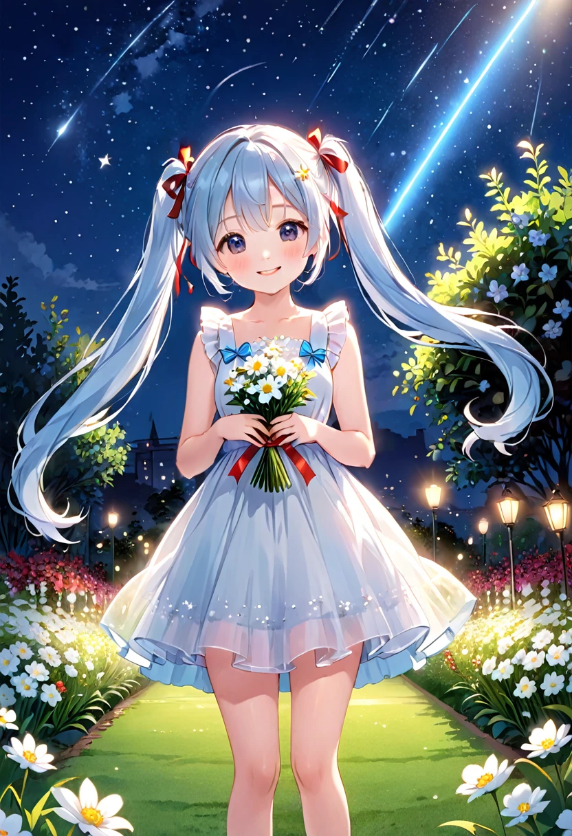 Light blue long hair、Beautiful girl with twin tails、The dress has a cute big red ribbon、White Dress、Bright smile、Night Sky、Moonlit Night、shooting star、Face Highlights、A lawn garden with lots of flowers blooming