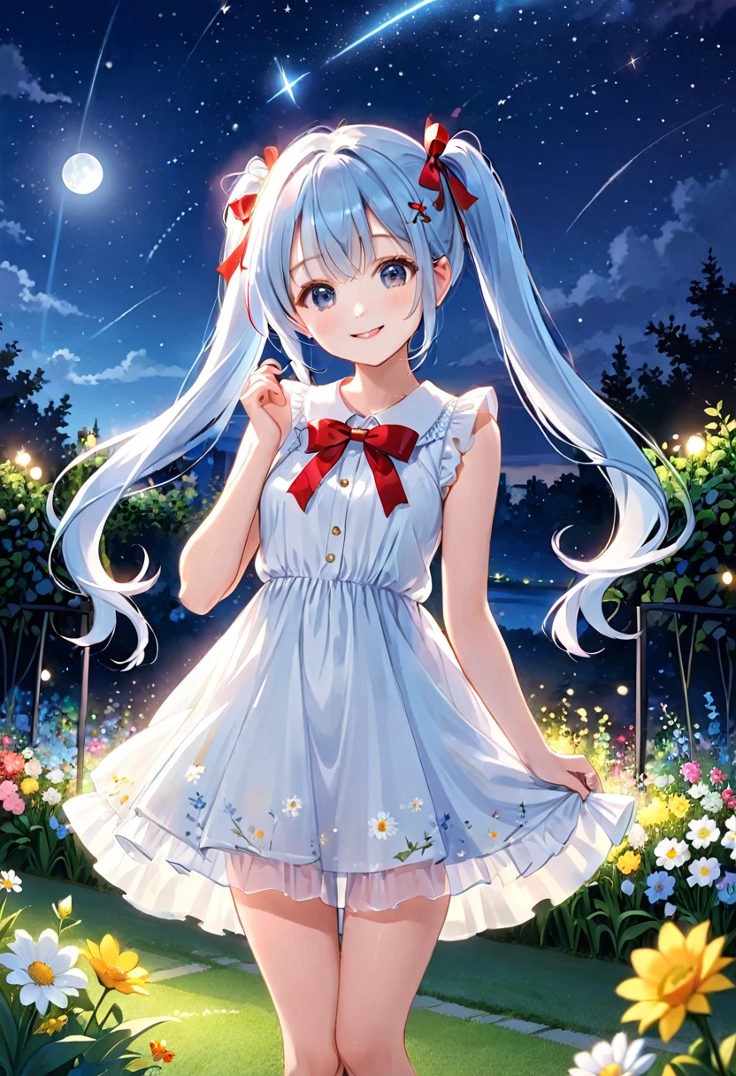 Light blue long hair、Beautiful girl with twin tails、The dress has a cute big red ribbon、White Dress、Bright smile、Night Sky、Moonlit Night、shooting star、Face Highlights、A lawn garden with lots of flowers blooming