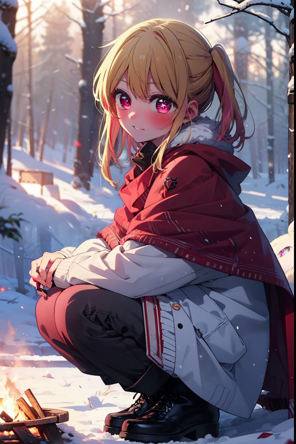 rubyhoshino, Hoshino Ruby, Long Hair, bangs, blonde, (Pink Eyes:1.3), Side Lock, (Symbol-shaped pupil:1.5), Multicolored Hair, Two-tone hair, smile,,smile,blush,white breath,
Open your mouth,snow,Ground bonfire, Outdoor, boots, snowing, From the side, wood, suitcase, Cape, Blurred, , forest, White handbag, nature, Squat, Mouth closed, Cape, winter, Written boundary depth, Black shoes, red Cape break looking at viewer, Upper Body, whole body, break Outdoor, forest, nature, break (masterpiece:1.2), Highest quality, High resolution, unity 8k wallpaper, (shape:0.8), (Beautiful and beautiful eyes:1.6), Highly detailed face, Perfect lighting, Highly detailed CG, (Perfect hands, Perfect Anatomy),