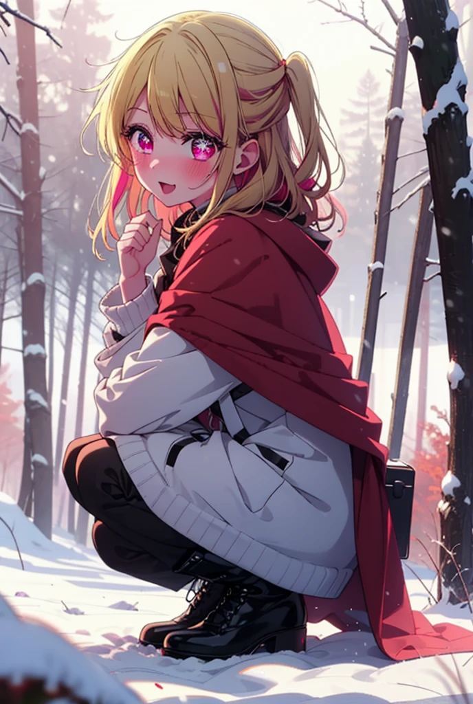 rubyhoshino, Hoshino Ruby, Long Hair, bangs, blonde, (Pink Eyes:1.3), Side Lock, (Symbol-shaped pupil:1.5), Multicolored Hair, Two-tone hair, smile,,smile,blush,white breath,
Open your mouth,snow,Ground bonfire, Outdoor, boots, snowing, From the side, wood, suitcase, Cape, Blurred, , forest, White handbag, nature, Squat, Mouth closed, Cape, winter, Written boundary depth, Black shoes, red Cape break looking at viewer, Upper Body, whole body, break Outdoor, forest, nature, break (masterpiece:1.2), Highest quality, High resolution, unity 8k wallpaper, (shape:0.8), (Beautiful and beautiful eyes:1.6), Highly detailed face, Perfect lighting, Highly detailed CG, (Perfect hands, Perfect Anatomy),