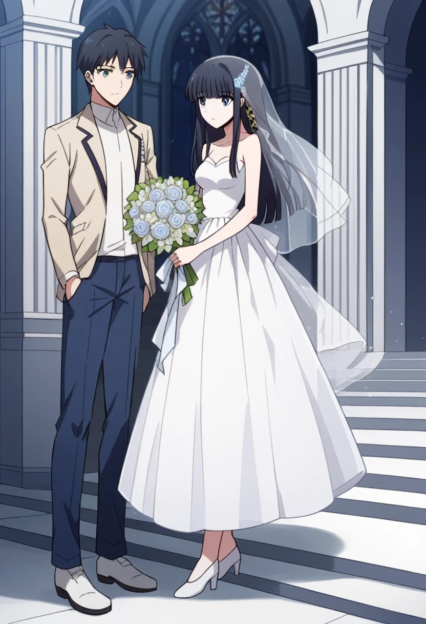 shiba miyuki, black hair, blue eyes, long hair, hair ornament, blunt bangs, hair_ornament, ribbon, holding, bare_shoulders, medium_breasts, blue_hair, standing, flower, :d, sleeveless, outdoors, white_dress, high_heels, see-through, white_footwear, veil, blue_theme, bouquet, wedding_dress, bridal_veil, holding_bouquet,church entrance, flower bouquet, stair, victoria church
