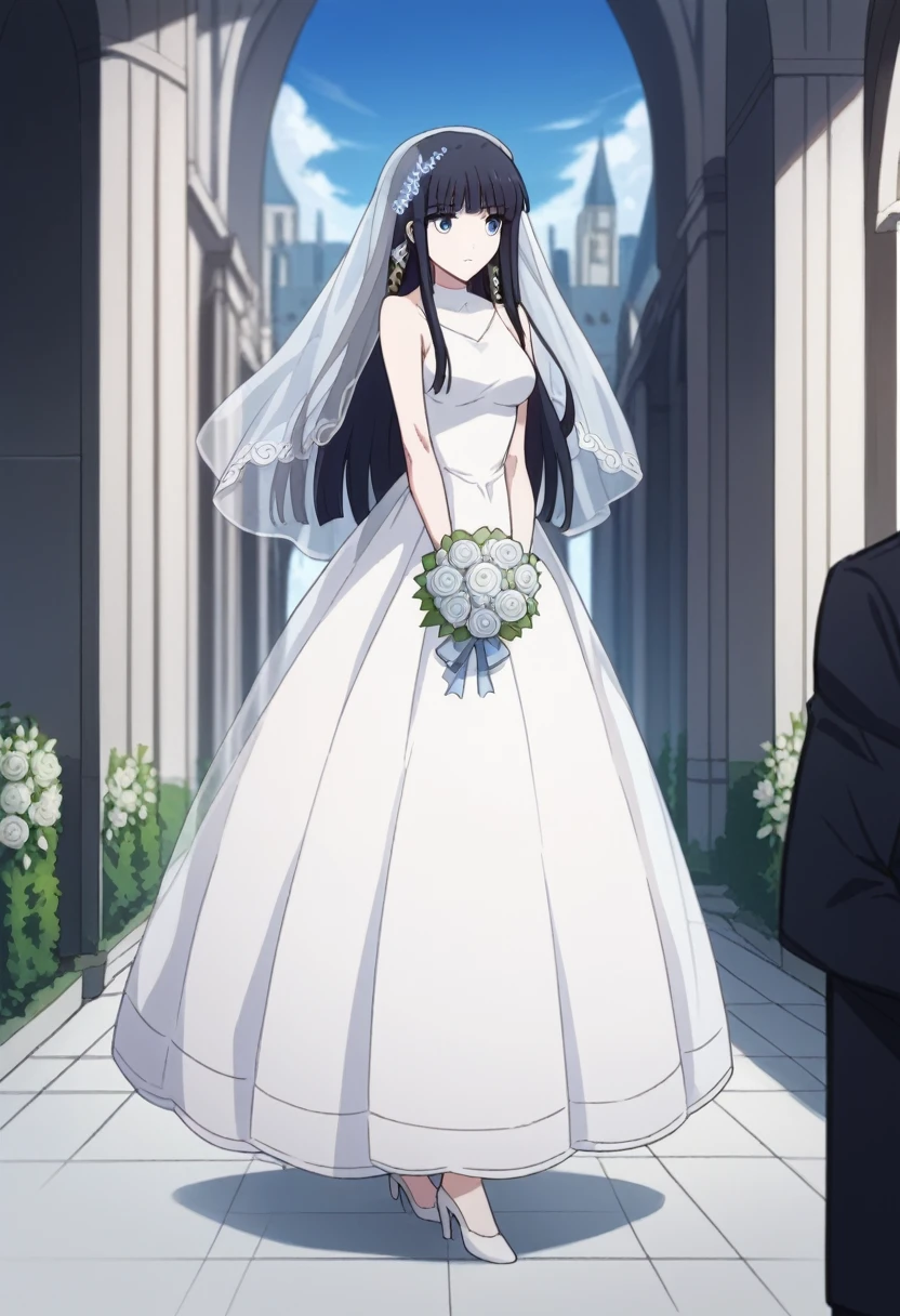 shiba miyuki, black hair, blue eyes, long hair, hair ornament, blunt bangs, hair_ornament, ribbon, holding, bare_shoulders, medium_breasts, blue_hair, standing, flower, :d, sleeveless, outdoors, white_dress, high_heels, see-through, white_footwear, veil, blue_theme, bouquet, wedding_dress, bridal_veil, holding_bouquet,church entrance, flower bouquet, stair, victoria church