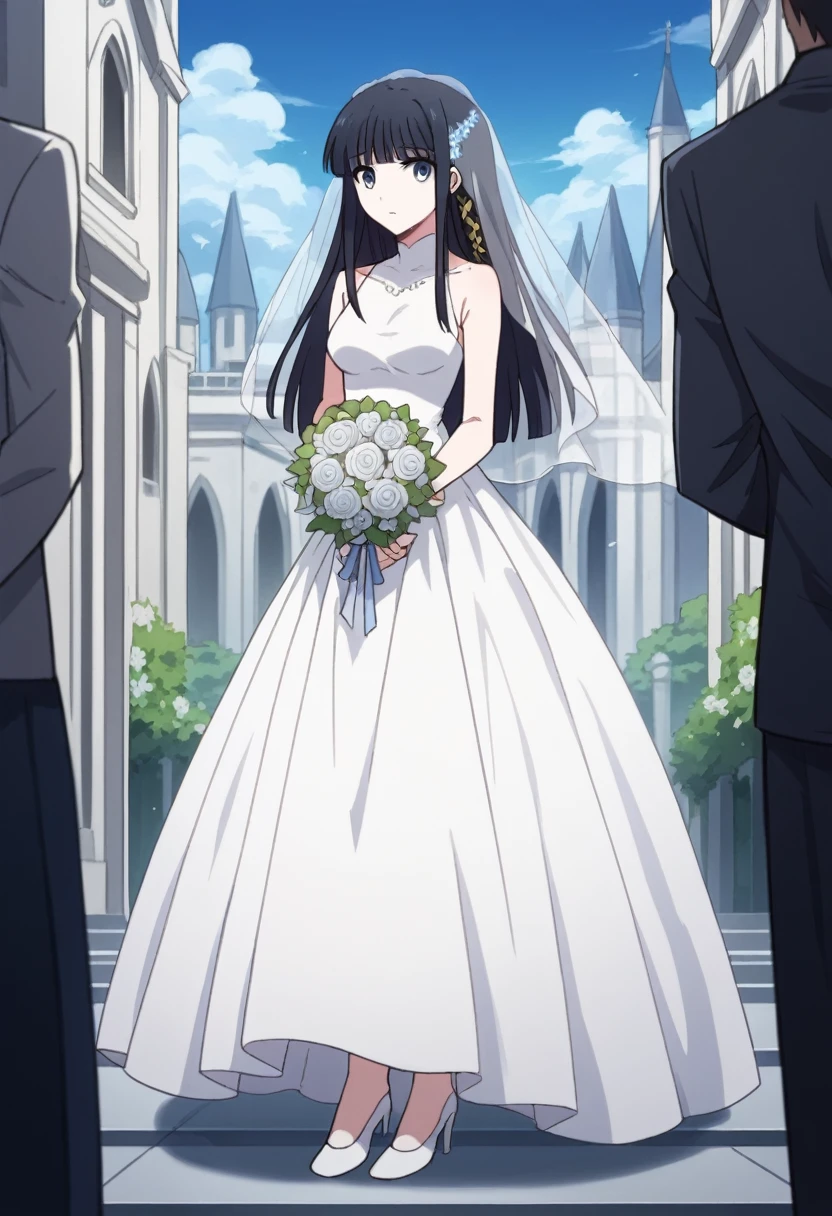 shiba miyuki, black hair, blue eyes, long hair, hair ornament, blunt bangs, hair_ornament, ribbon, holding, bare_shoulders, medium_breasts, blue_hair, standing, flower, :d, sleeveless, outdoors, white_dress, high_heels, see-through, white_footwear, veil, blue_theme, bouquet, wedding_dress, bridal_veil, holding_bouquet,church entrance, flower bouquet, stair, victoria church