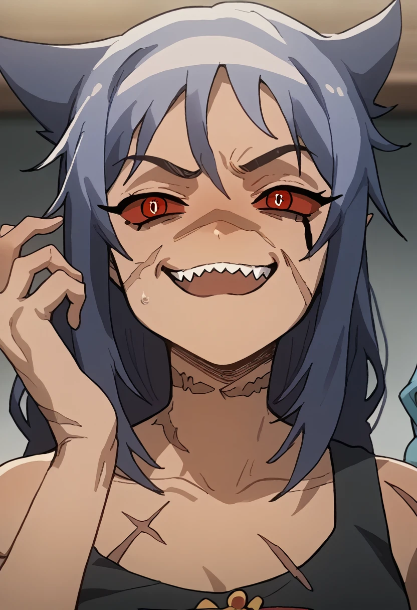 Anime zombie undead girl, slitched face, scars an face, black sclera, shark teeth, glowing eyes, smug face, vile, pale green-ish decayed skin, black tank top, eletric colar