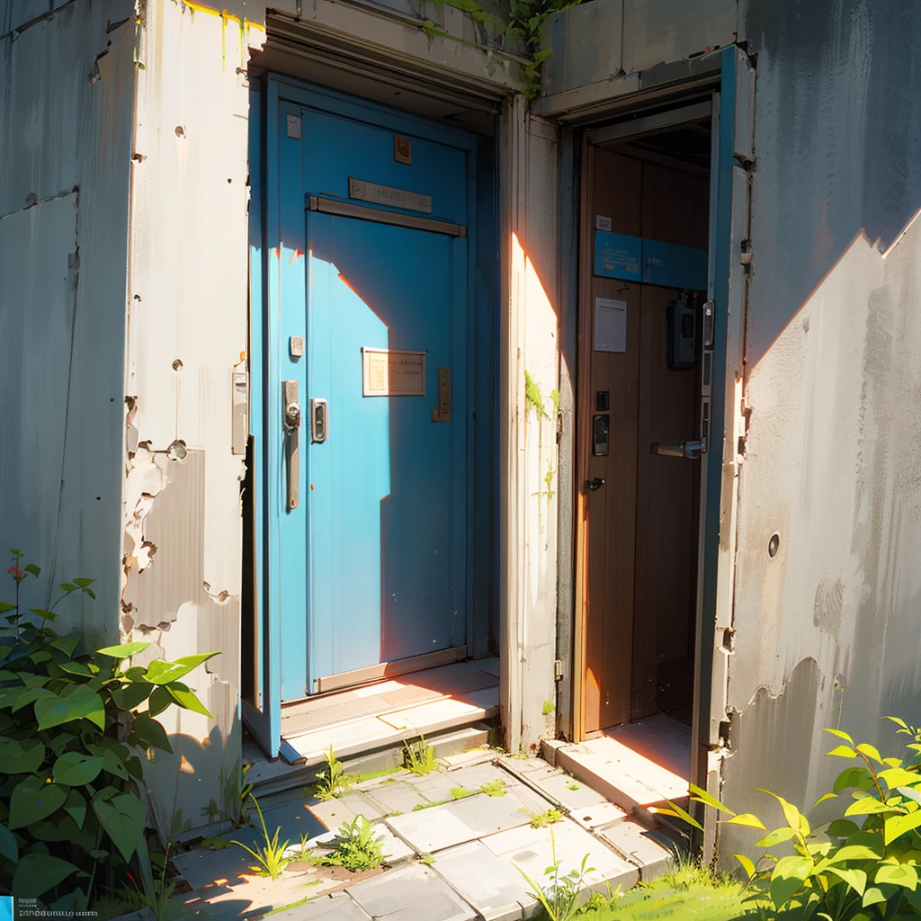 ((best quality)), ((masterpiece)), (detailed), security door to military bunker in side of a mountain, overgrown, brutalist architecture, low point of view