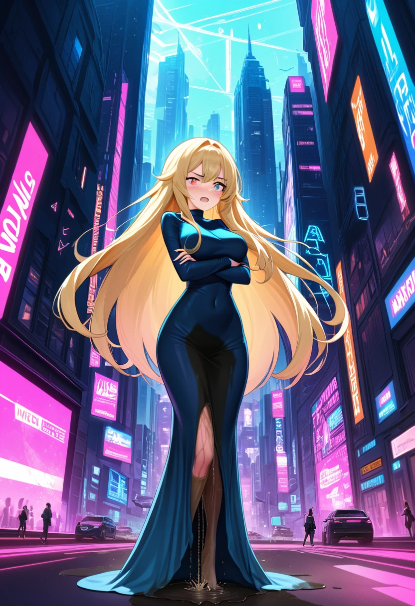 (high quality,Very detailed:1.37, High resolution), Woman, (very long hair:1.5), blonde hair, (multicolored eyes:1.5), blue eyes, yellow eyes, large breasts, (wetting herself:2.0), standing, very light blue dress, (very long tight dress:1.5), (arms crossed:1.5), (embarrassed:1.5), (humiliation:1.5), (angry:1.25), (blushing:1.5), open mouth, Cyberpunk Style, Cyberpunk Cityscape, Neon Light, High-tech accessories, Meticulous details, (extremely detailed eys:1.37), Glowing LED pattern, Urban scenery, Futuristic elements, Mysterious Aura, ,Flying cars racing through the air, Holographic Advertising, Visually stunning architecture, Energetic and dynamic poses, Gives off a powerful aura, The cityscape reflected in her metallic eyes, Graceful movement amidst chaos, A moonlit sky with a futuristic hue, Pulsating Electronic Soundtrack, Enhanced Augmented Reality Overlays, Interacting with virtual objects in the environment