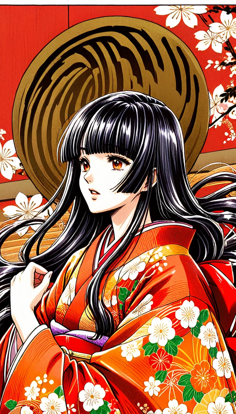 Close-up of a woman with black straight hime cut hair wearing a red and orange dress, Red kimono with flower patterns, From the Sengoku period, Long and beautiful kimono, Flowing hair and long, super shiny robes, Red kimono, Japanese Kimono, Wearing Imperial Kimono, Wearing kimono and armor, In kimono, Safety, kimono, Hakama kimono, Inspired by Fujiwara Takanobu, pale and colouRed kimono　She is laid down on the futon, exposing her nipples, writhing and crying.　She masturbates