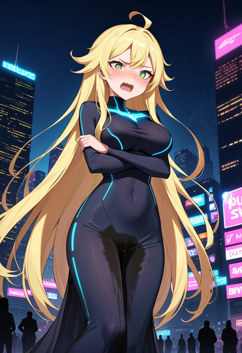 (high quality,Very detailed:1.37, High resolution), Woman, (very long hair:1.5), blonde hair, (multicolored eyes:1.5), blue eyes, yellow eyes, large breasts, (wetting herself:2.0), standing, (long tight dress:1.5), (arms crossed:1.5), (embarrassed:1.5), (humiliation:1.5), (angry:1.25), (blushing:1.5), open mouth, Cyberpunk Style, Cyberpunk Cityscape, Neon Light, High-tech accessories, Meticulous details, (extremely detailed eys:1.37), Glowing LED pattern, Urban scenery, Futuristic elements, Mysterious Aura, ,Flying cars racing through the air, Holographic Advertising, Visually stunning architecture, Energetic and dynamic poses, Gives off a powerful aura, The cityscape reflected in her metallic eyes, Graceful movement amidst chaos, A moonlit sky with a futuristic hue, Pulsating Electronic Soundtrack, Enhanced Augmented Reality Overlays, Interacting with virtual objects in the environment