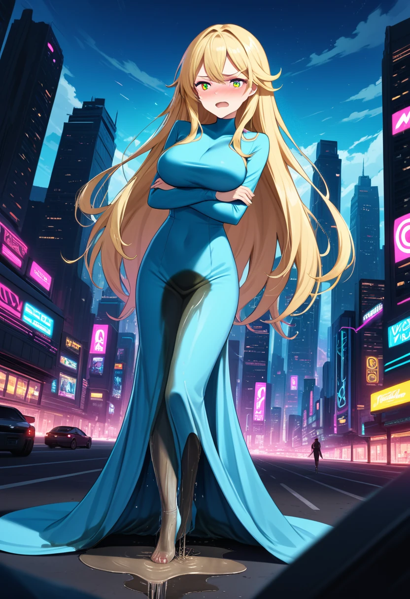 (high quality,Very detailed:1.37, High resolution), Woman, (very long hair:1.5), blonde hair, (multicolored eyes:1.5), blue eyes, yellow eyes, large breasts, (wetting herself:2.0), standing, very light blue dress, (very long tight dress:1.5), (arms crossed:1.5), (embarrassed:1.5), (humiliation:1.5), (angry:1.25), (blushing:1.5), open mouth, Cyberpunk Style, Cyberpunk Cityscape, Neon Light, High-tech accessories, Meticulous details, (extremely detailed eys:1.37), Glowing LED pattern, Urban scenery, Futuristic elements, Mysterious Aura, ,Flying cars racing through the air, Holographic Advertising, Visually stunning architecture, Energetic and dynamic poses, Gives off a powerful aura, The cityscape reflected in her metallic eyes, Graceful movement amidst chaos, A moonlit sky with a futuristic hue, Pulsating Electronic Soundtrack, Enhanced Augmented Reality Overlays, Interacting with virtual objects in the environment
