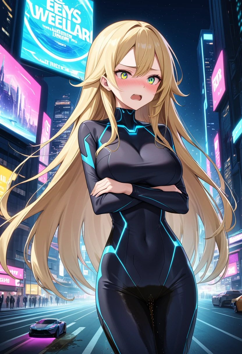 (high quality,Very detailed:1.37, High resolution), Woman, (very long hair:1.5), blonde hair, (multicolored eyes:1.5), blue eyes, yellow eyes, large breasts, (wetting herself:2.0), standing, very light blue dress, (very long tight dress:1.5), (arms crossed:1.5), (embarrassed:1.5), (humiliation:1.5), (angry:1.25), (blushing:1.5), open mouth, Cyberpunk Style, Cyberpunk Cityscape, Neon Light, High-tech accessories, Meticulous details, (extremely detailed eys:1.37), Glowing LED pattern, Urban scenery, Futuristic elements, Mysterious Aura, ,Flying cars racing through the air, Holographic Advertising, Visually stunning architecture, Energetic and dynamic poses, Gives off a powerful aura, The cityscape reflected in her metallic eyes, Graceful movement amidst chaos, A moonlit sky with a futuristic hue, Pulsating Electronic Soundtrack, Enhanced Augmented Reality Overlays, Interacting with virtual objects in the environment