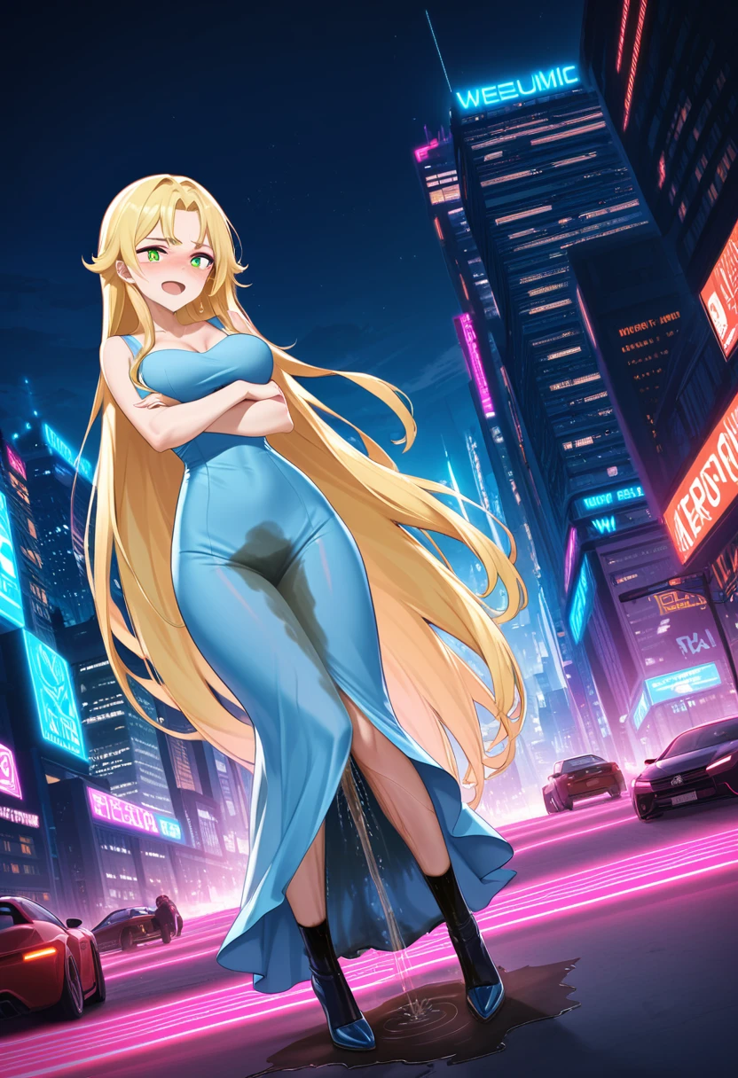 (high quality,Very detailed:1.37, High resolution), Woman, (very long hair:1.5), blonde hair, (multicolored eyes:1.5), blue eyes, yellow eyes, large breasts, (wetting herself:2.0), standing, very light blue dress, (very long tight dress:1.5), (arms crossed:1.5), (embarrassed:1.5), (humiliation:1.5), (angry:1.25), (blushing:1.5), open mouth, Cyberpunk Style, Cyberpunk Cityscape, Neon Light, High-tech accessories, Meticulous details, (extremely detailed eys:1.37), Glowing LED pattern, Urban scenery, Futuristic elements, Mysterious Aura, ,Flying cars racing through the air, Holographic Advertising, Visually stunning architecture, Energetic and dynamic poses, Gives off a powerful aura, The cityscape reflected in her metallic eyes, Graceful movement amidst chaos, A moonlit sky with a futuristic hue, Pulsating Electronic Soundtrack, Enhanced Augmented Reality Overlays, Interacting with virtual objects in the environment