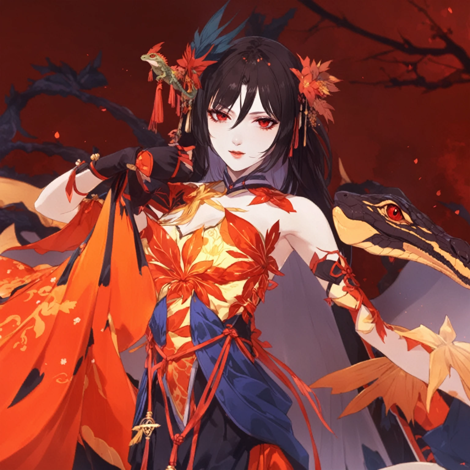 masterpiece, best quality, good quality, Fantasy Aesthetic, Highly detailed, shadowverse style, female, red eyes, japanese aesthetic, reptilian eyes