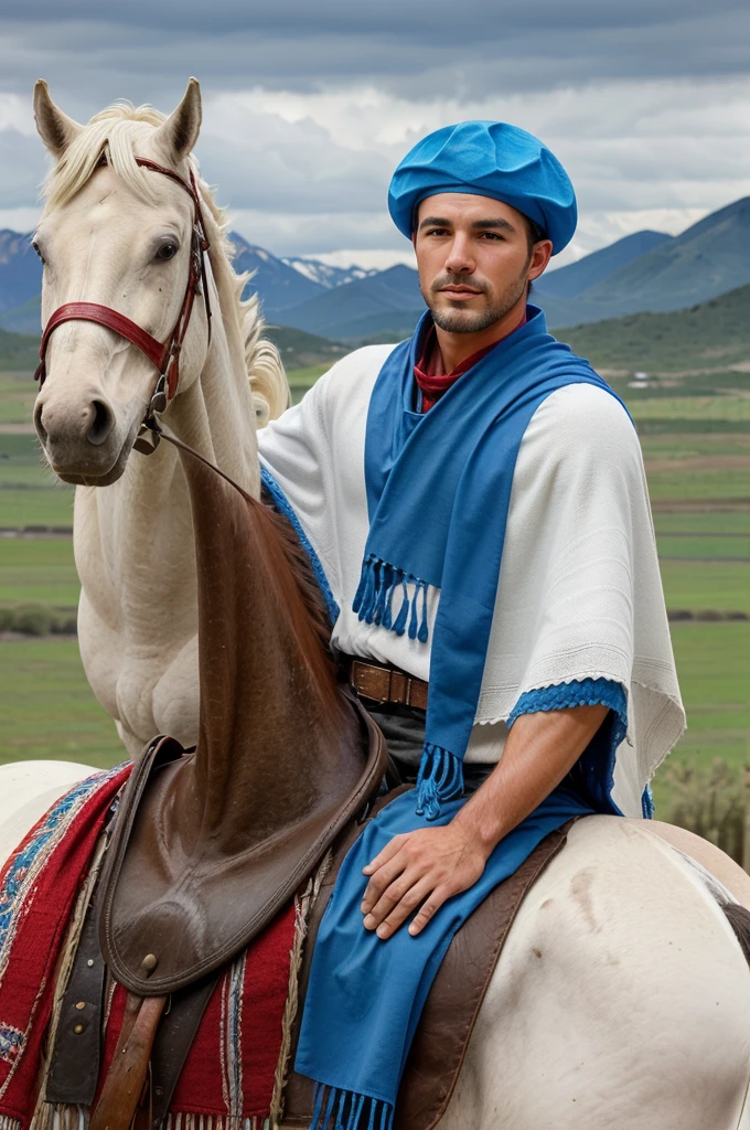 ((Argentine gaucho), (man, White skin),(Tuscan, avegentado), (wears a red poncho and blue beret)) (riding a white horse) (Argentine landscape background, ranches)
