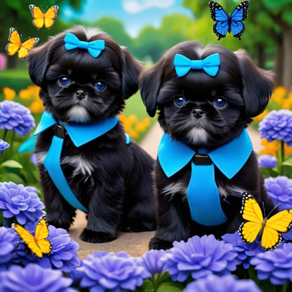 2 adorable small shih black shih tzu puppies wearing blue collars with bright blue eyes playing in park butterflies and flowes in background  3D Pixar style