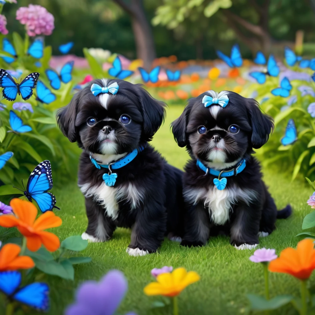 2 adorable small shih black shih tzu puppies wearing blue collars with bright blue eyes playing in park butterflies and flowes in background  3D Pixar style