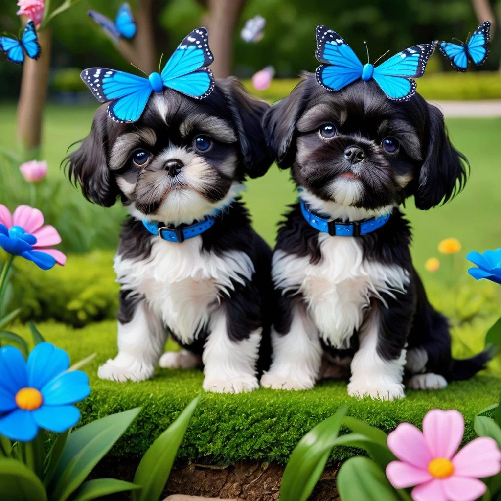 2 adorable small shih black shih tzu puppies wearing blue collars with bright blue eyes playing in park butterflies and flowes in background 3D Pixar style