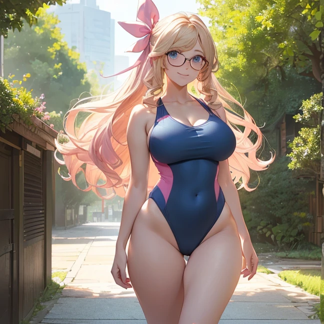 (Master piece, best high quality image, carefully detailed details and textures, alone character, full body back view)
{{(1character: 30 years old blonde haired danish human girl noble: (fair skin, blonde long curly hair, beautiful light-blue eyes, beautiful face, sharp eyebrows, voluptuous figure, big breasts, big butt, beautiful legs, lovely smile, friendly demeanor, walking relaxed, back view), (left hair pink ribbon, blue round glasses, pink pink one-piece swimsuit), (sunny day, green natural city park))}}