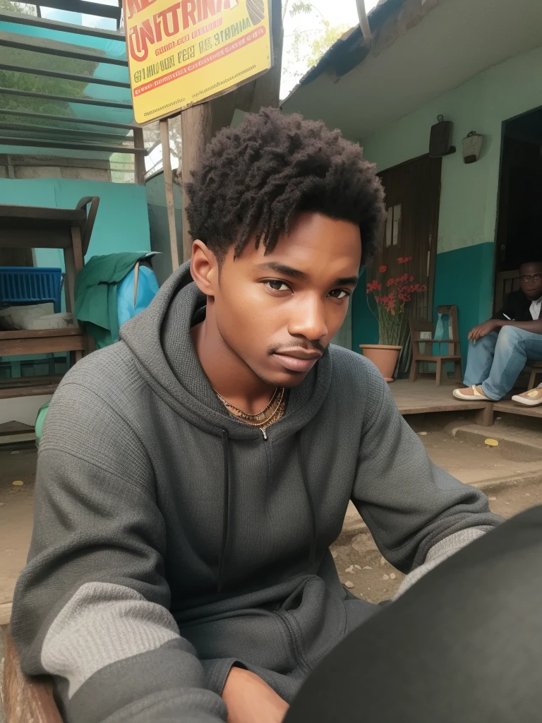 Black man, sit, in africa, strong look, best quality, tribe outfit