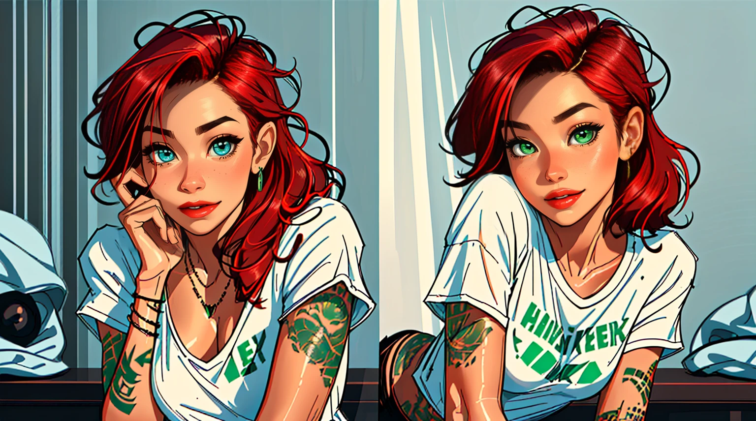high resolution, Soft light,1womanl, Solo, Hips up, (Detailed face),tattoo, jewelry, t-shirt with rough chest, Beautiful soldiers, Grab the audience's eye, Lover's perspective, Invitation expression, Sexy smile, Perfect style, Perfect balance, Detailed skin, mischievous gaze, chest visible,red hair ,green eyes