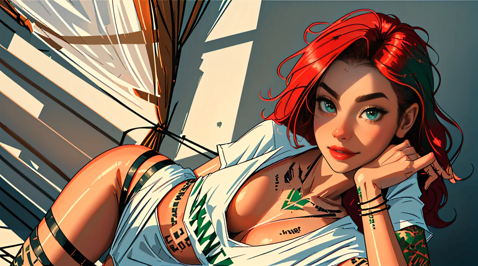 high resolution, Soft light,1womanl, Solo, Hips up, (Detailed face),tattoo, jewelry, t-shirt with rough chest, Beautiful soldiers, Grab the audience's eye, Lover's perspective, Invitation expression, Sexy smile, Perfect style, Perfect balance, Detailed skin, mischievous gaze, chest visible,red hair ,green eyes