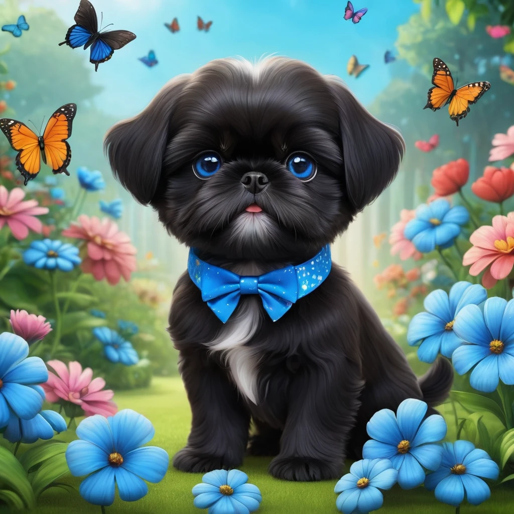 2 adorable small shih black shih tzu puppies wearing blue collars with bright blue eyes playing in park butterflies and flowes in background 3D Pixar style