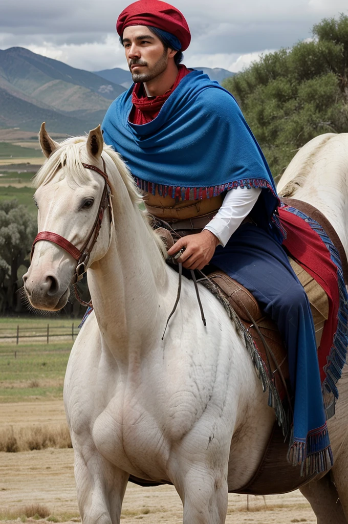 ((Argentine gaucho), (man, White skin),(Tuscan, avegentado), (wears a red poncho and blue beret)) (riding a white horse) (Argentine landscape background, ranches)
