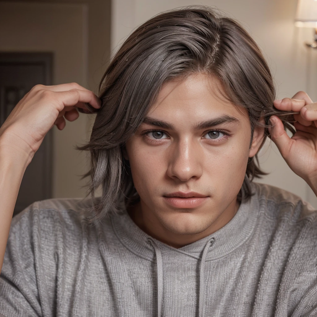 Create a handsome high school senior boy, make sure your skin is a chocolatey tone and your features come from Americans and Canadians, your hair is silver gray, make the image real, your lips should be full and reddish, and his eyes... Your eyes are the color of the moon