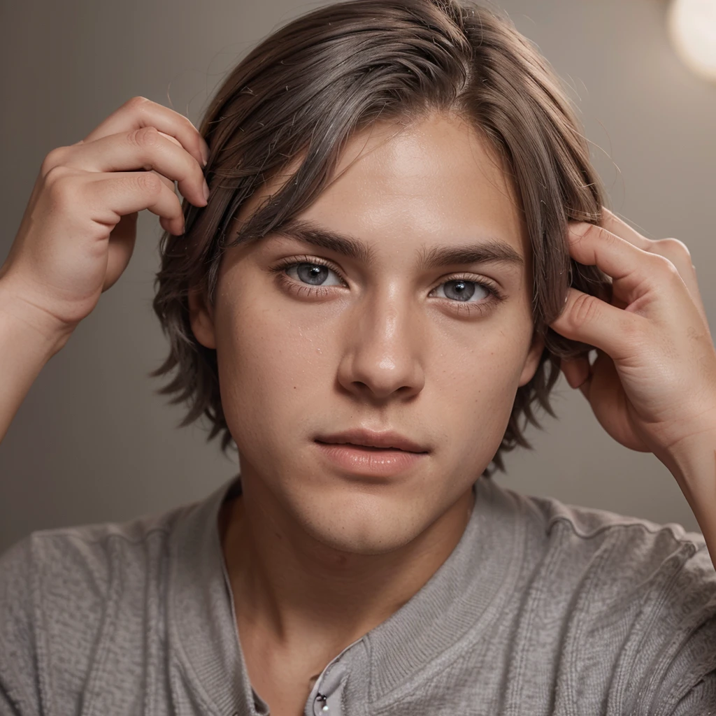 Create a handsome high school senior boy, make sure your skin is a chocolatey tone and your features come from Americans and Canadians, your hair is silver gray, make the image real, your lips should be full and reddish, and his eyes... Your eyes are the color of the moon