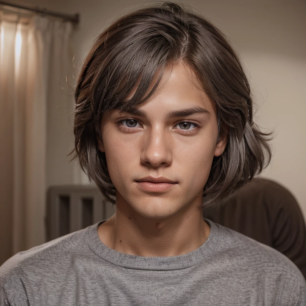 Create a handsome high school senior boy, make sure your skin is a chocolatey tone and your features come from Americans and Canadians, your hair is silver gray, make the image real, your lips should be full and reddish, and his eyes... Your eyes are the color of the moon