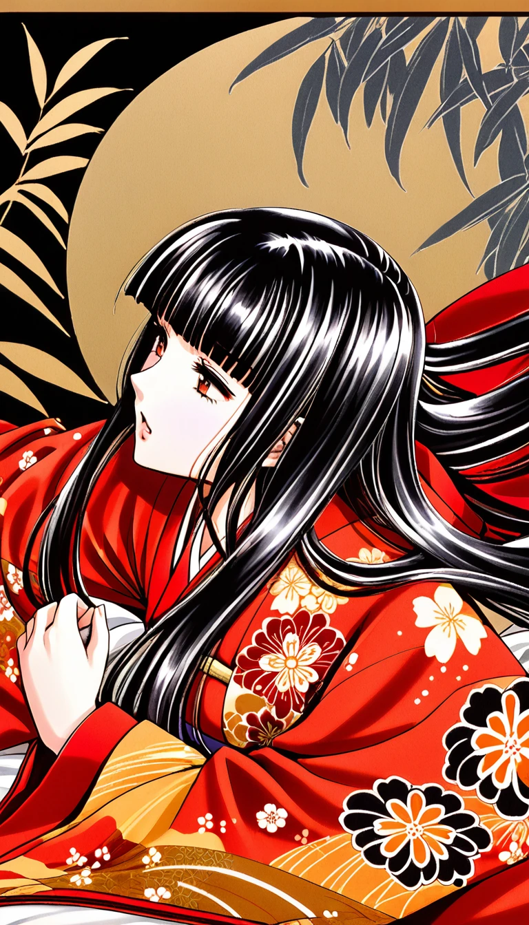 Close-up of a woman with black straight hime cut hair wearing a red and orange dress, Red kimono with flower patterns, From the Sengoku period, Long and beautiful kimono, Flowing hair and long, super shiny robes, Red kimono, Japanese Kimono, Wearing Imperial Kimono, Wearing kimono and armor, In kimono, Safety, kimono, Hakama kimono, Inspired by Fujiwara Takanobu, pale and colouRed kimono　She is laid down on the futon, her nipples exposed, writhing and crying.